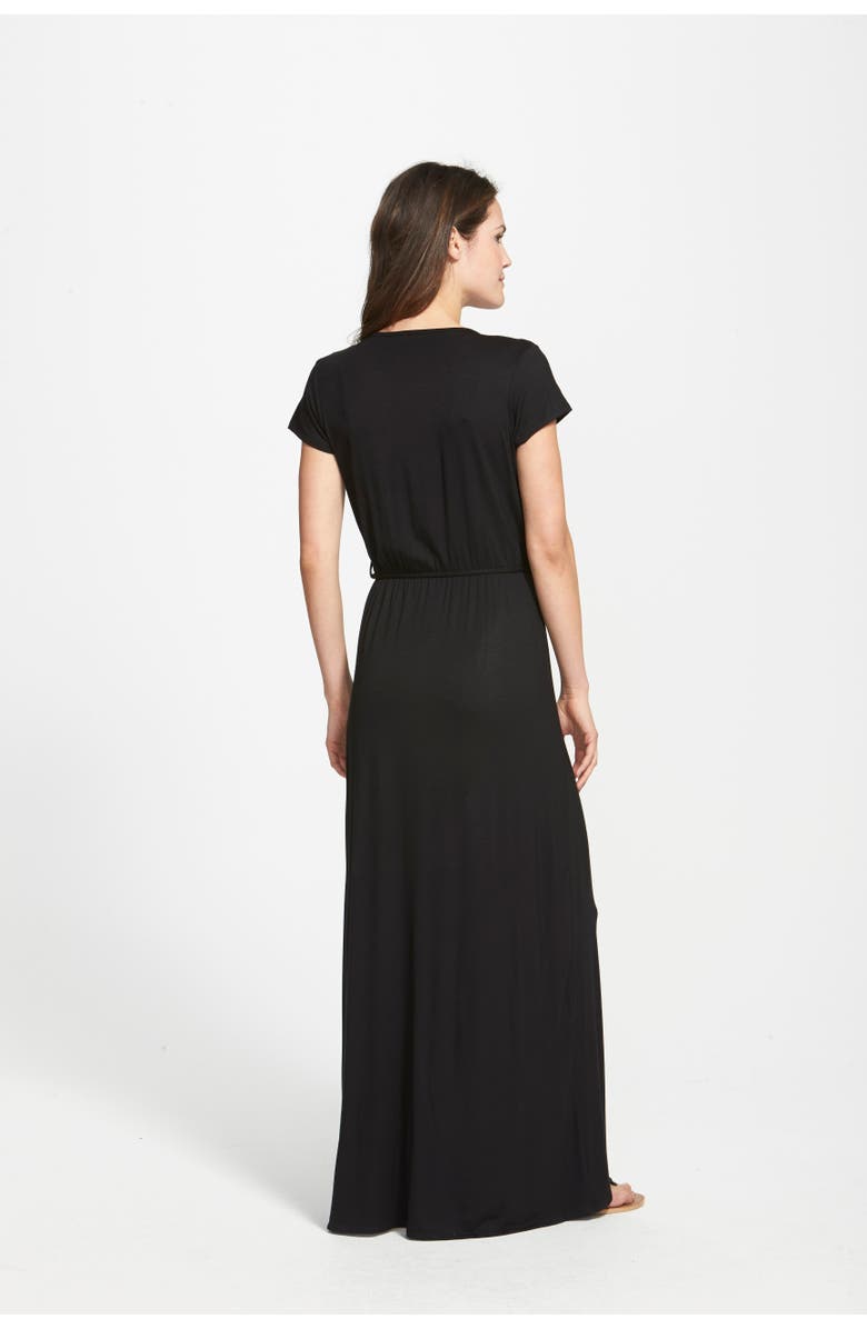 Loveappella Cap Sleeve Faux Wrap Jersey Maxi Dress, Alternate, color, Black