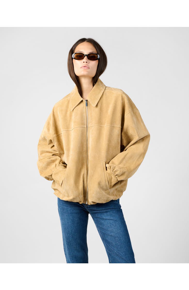 WeWoreWhat Premium Suede Bomber Jacket, Main, color, Tan