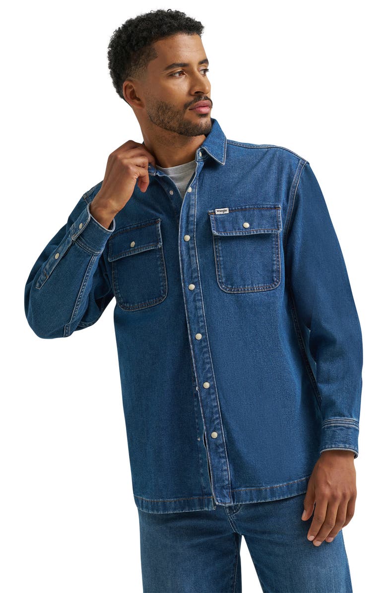 Wrangler Cotton Denim Snap-Up Overshirt, Alternate, color, Retro Blue