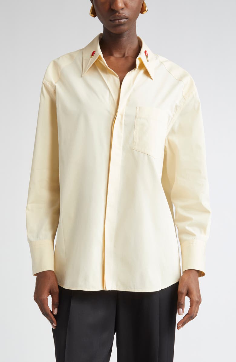 Bottega Veneta Match Detail Cotton & Silk Button-Up Shirt, Main, color, 7098 Parchment