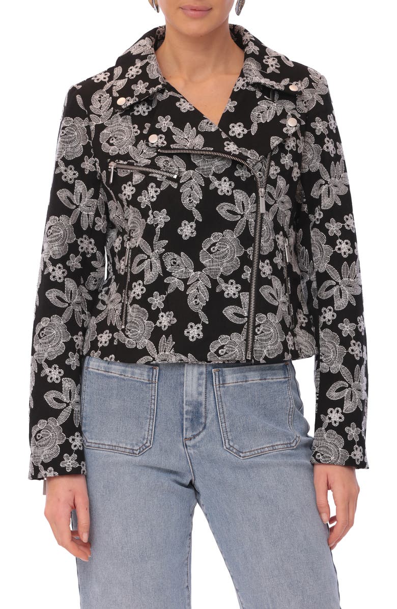 Bagatelle Floral Embroidery Cotton Moto Jacket, Alternate, color, Black