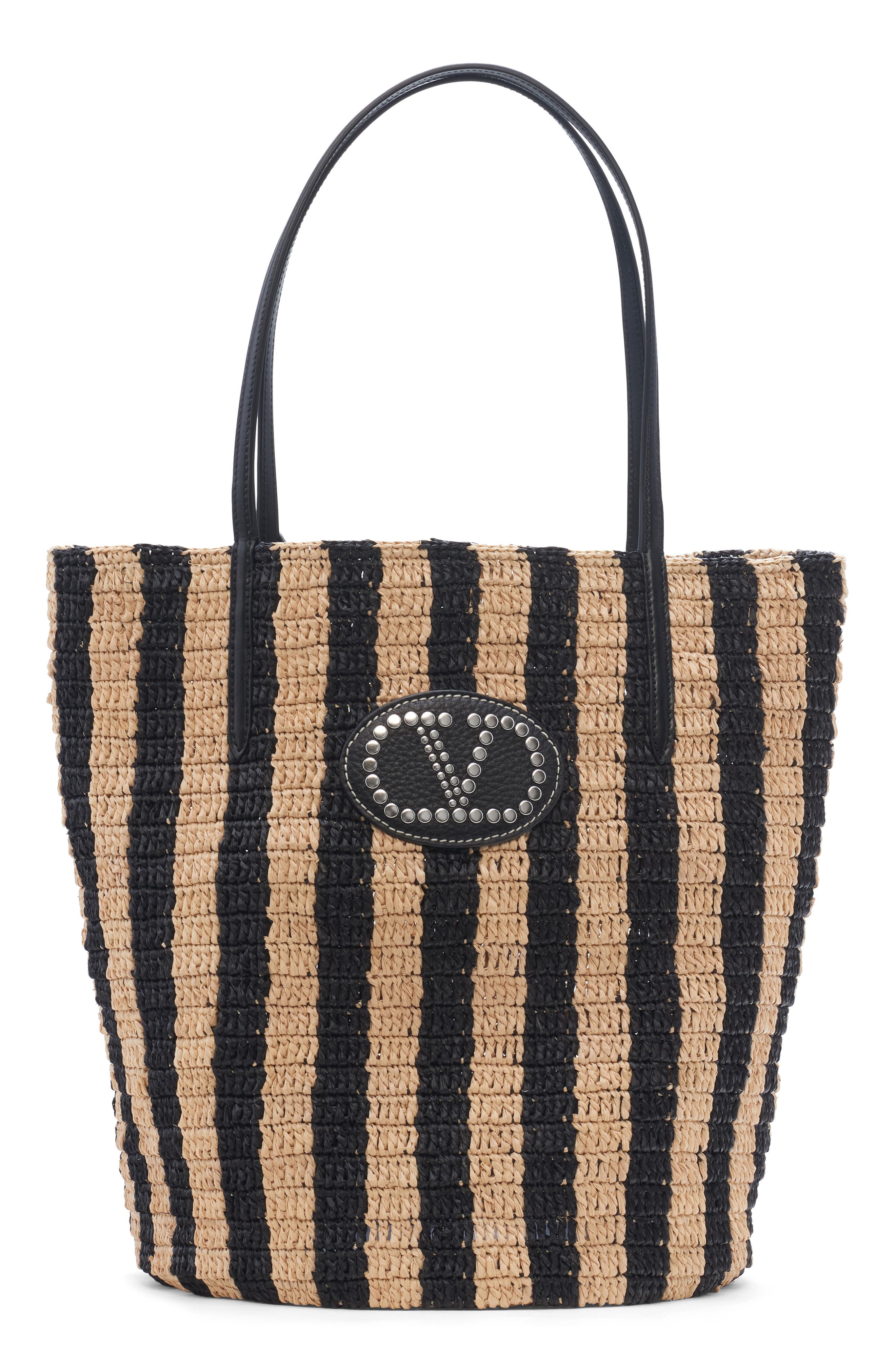 Valentino Garavani VLOGO Signature Crochet Raffia Tote, Main, color, Natural/ Black