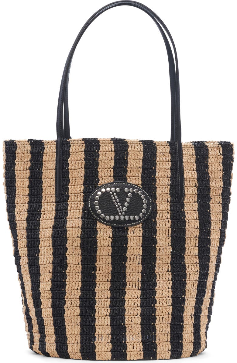 Valentino Garavani VLOGO Signature Crochet Raffia Tote, Main, color, Natural/ Black