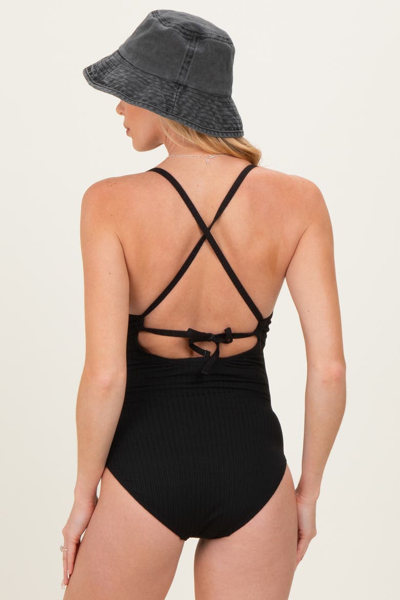 Ruched Crisscross Back Cut Out Swimsuit, Alternate, color, Black
