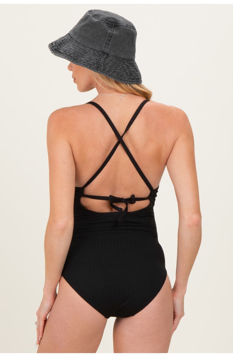 PinkBlush Ruched Crisscross Back Cut Out Swimsuit, Alternate, color, Black