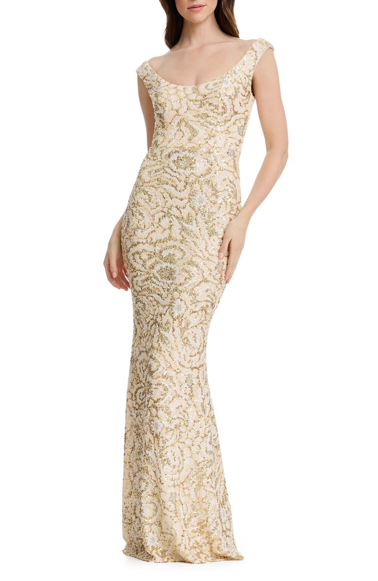 Dress the Population Josie Sequin Floral Mermaid Gown, Main, color, Cream Multi