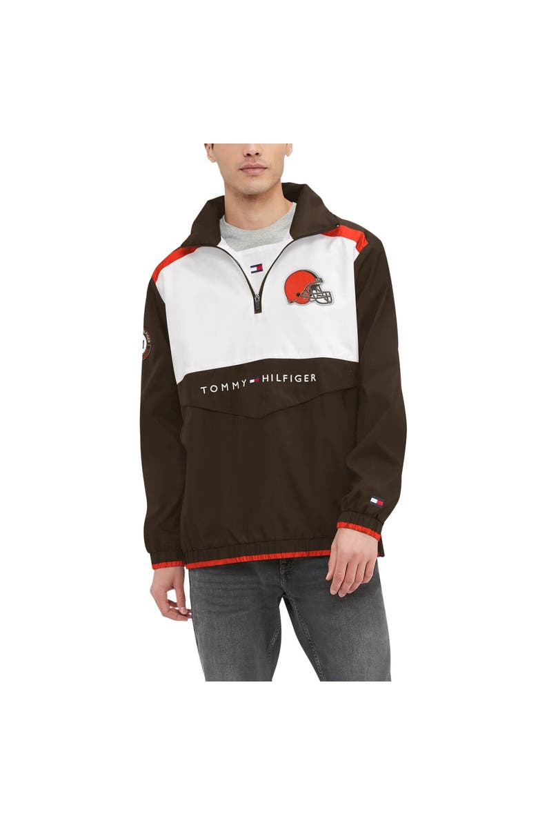 Tommy Hilfiger Men's Tommy Hilfiger Brown/White Cleveland Browns Carter Half-Zip Hooded Top, Alternate, color, Brown