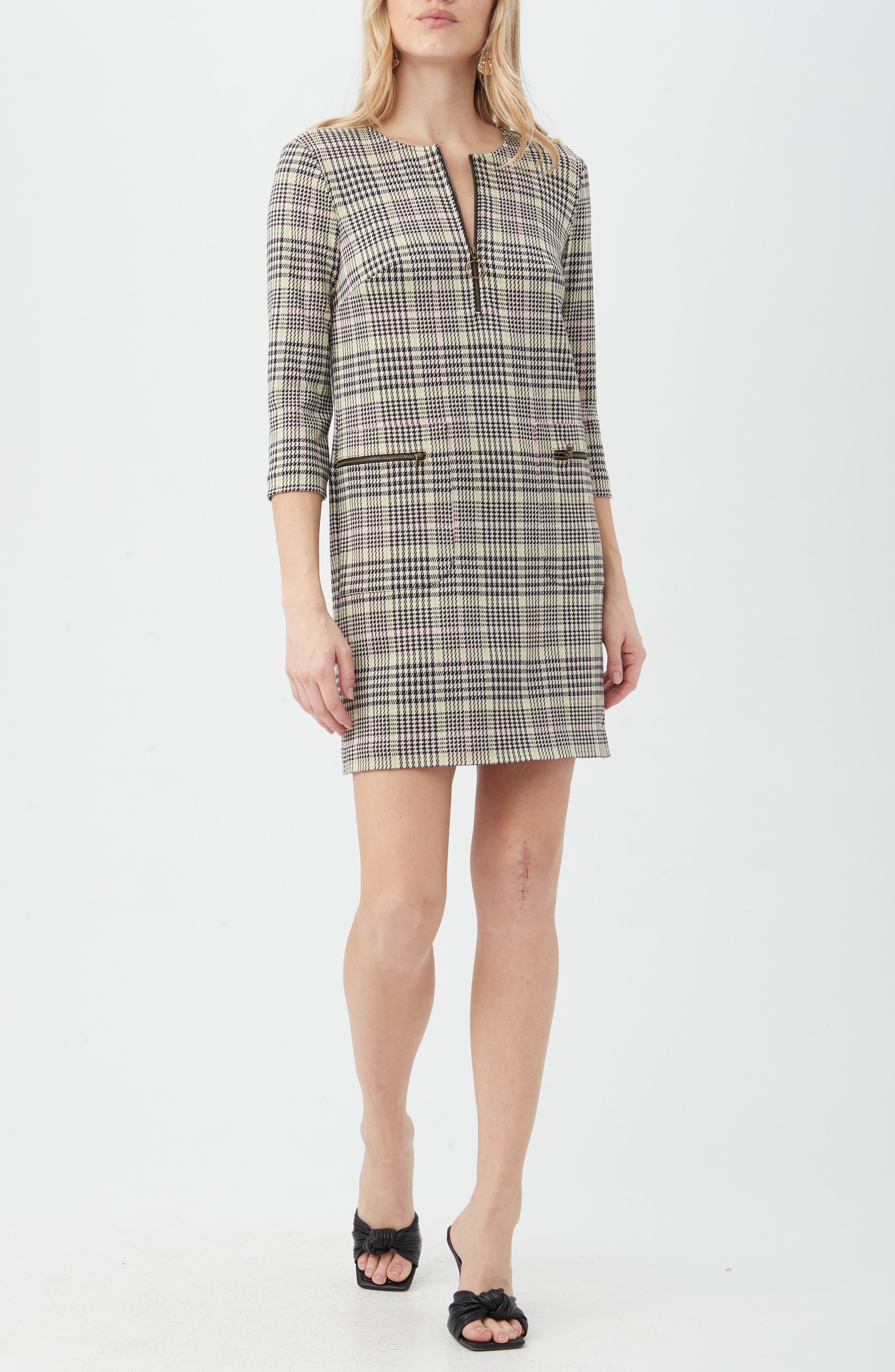Trina Turk Venda Plaid Three-Quarter Sleeve Shift Dress