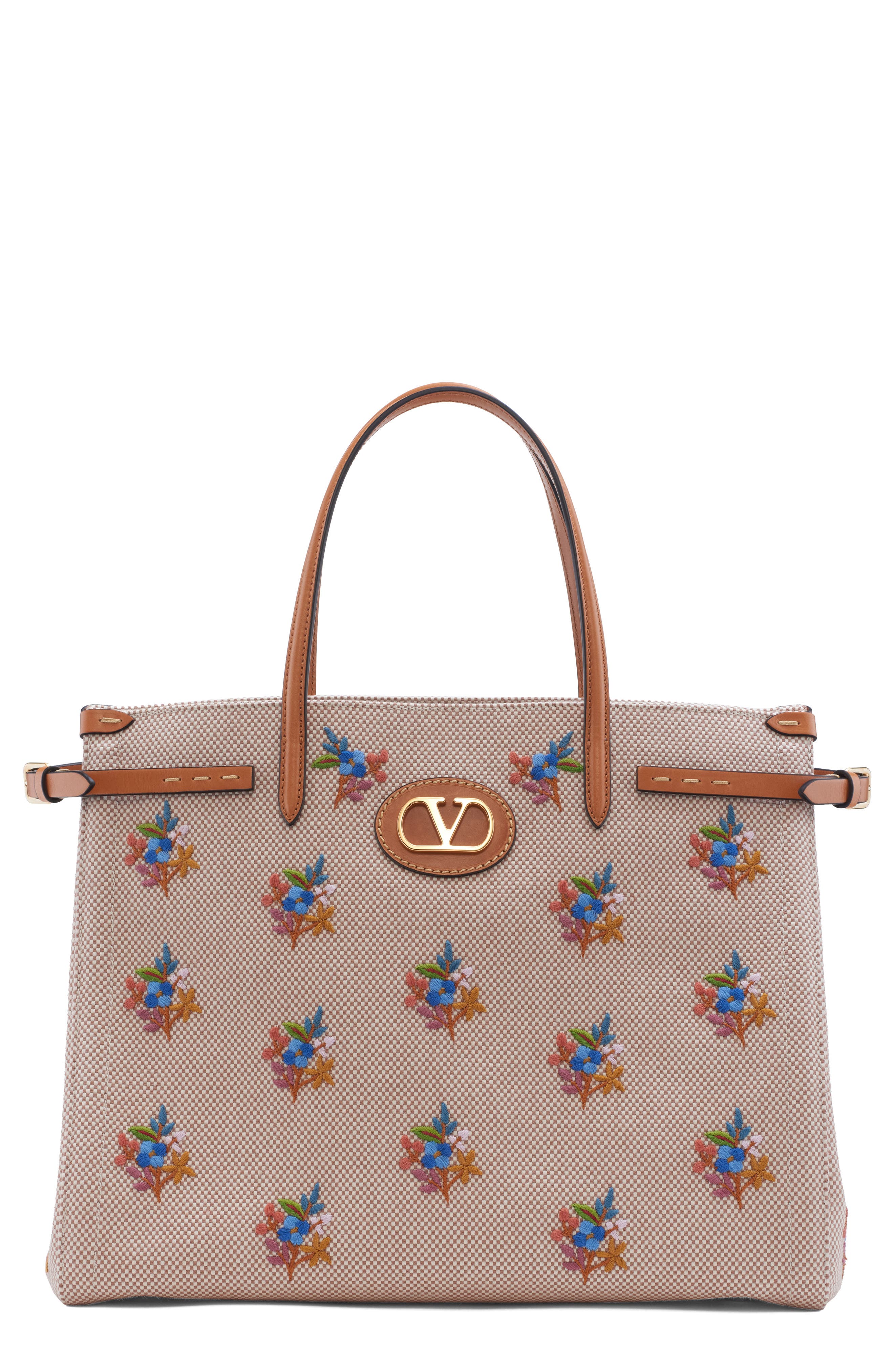 Valentino Garavani Medium Antibes Flower Embroidered Canvas Tote, Main, color, Tobacco