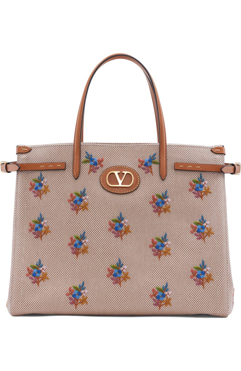 Valentino Garavani Medium Antibes Flower Embroidered Canvas Tote, Main, color, Tobacco