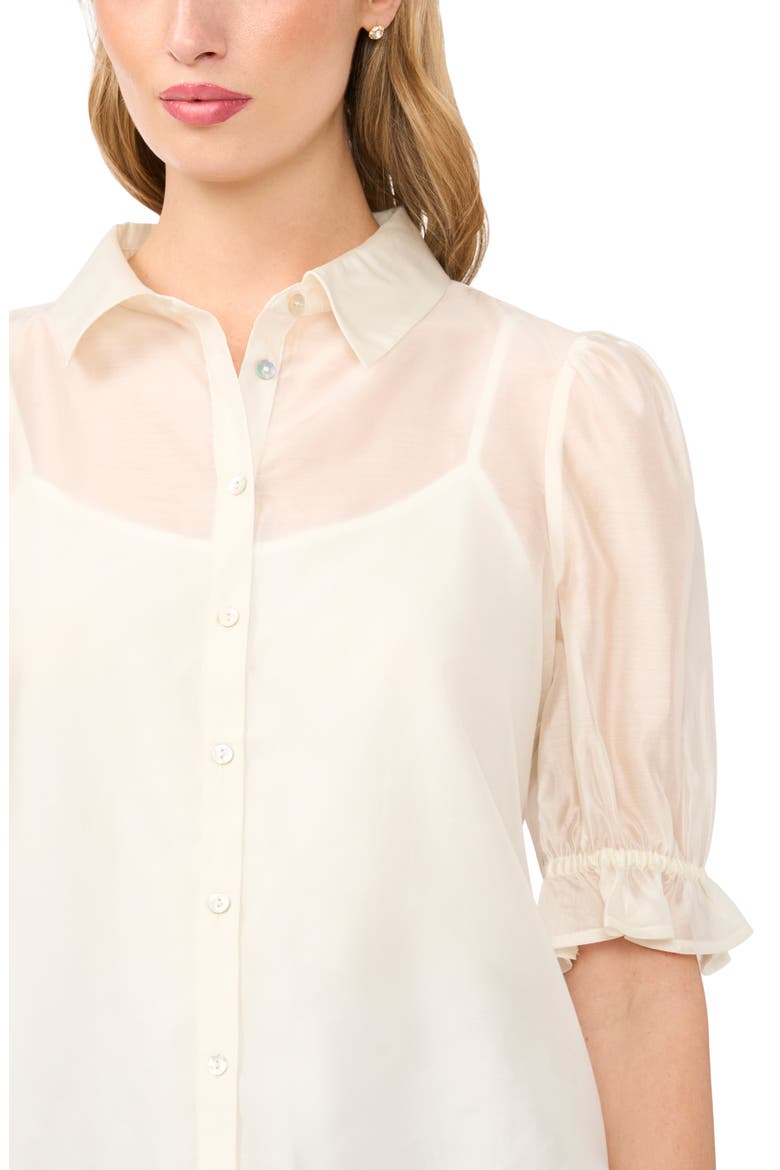 Puff Sleeve Semi Sheer Button-Up Top, Alternate, color, NEW IVORY