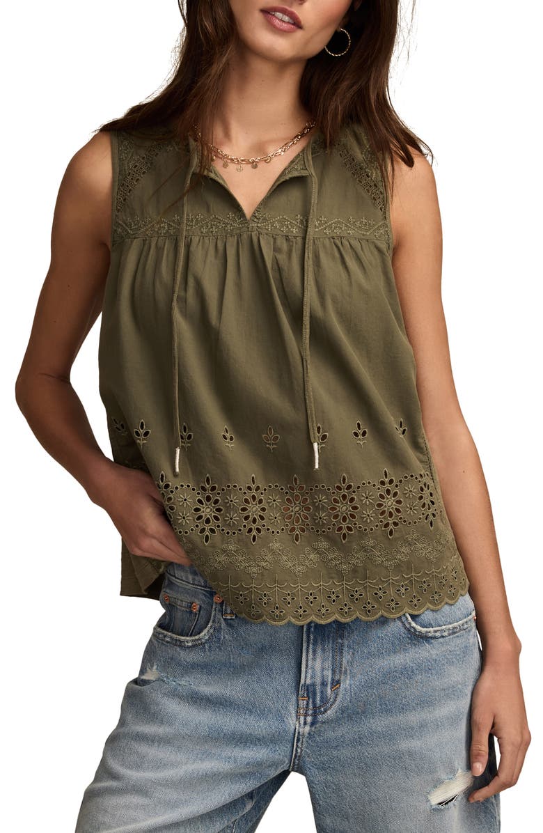 Lucky Brand Eyelet Embroidered Cotton Tank, Main, color, Dusty Olive