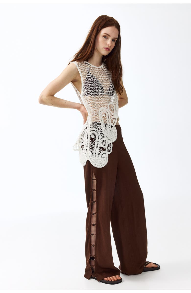 H&M Bead-detail Linen-blend Trousers, Alternate, color, Brown