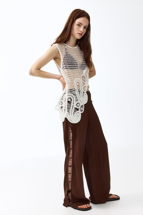 Bead-detail Linen-blend Trousers