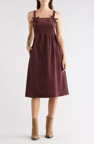 WISHLIST Corduroy Bow Strap Overalls Midi Dress