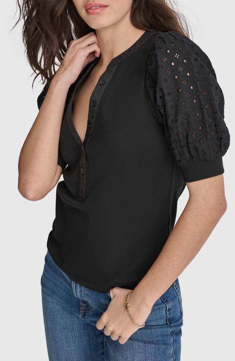 DKNY Jeans Eyelet Sleeve Rib Henley Top, Alternate, color,
