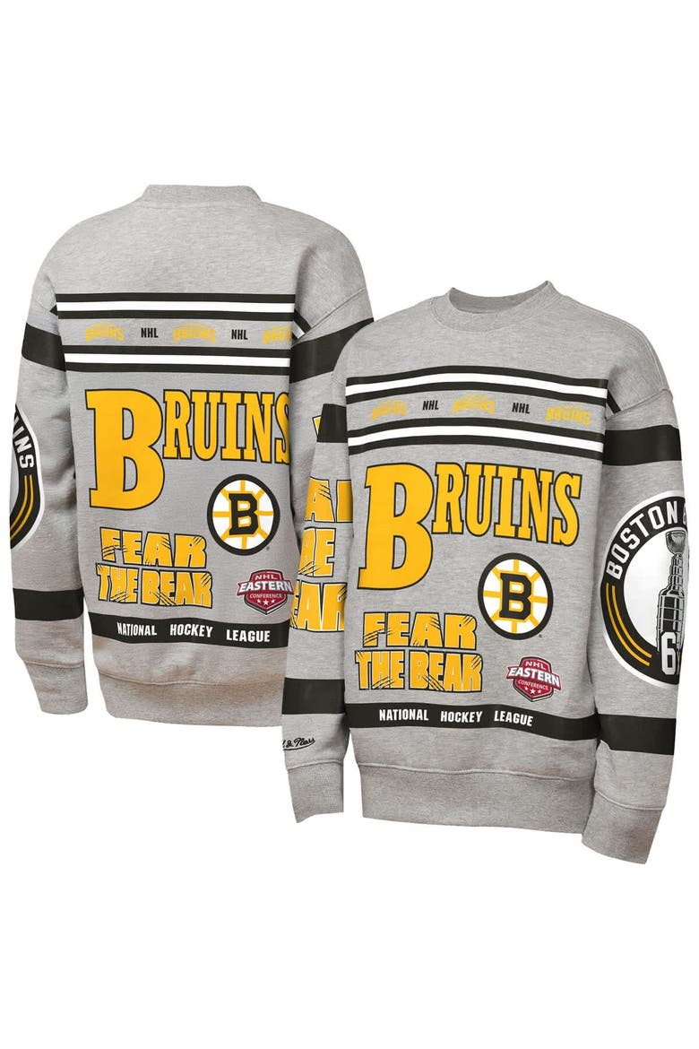 Youth Mitchell & Ness Heather Gray Boston Bruins Allover Print Fleece Crewneck Sweatshirt, Main, color, Heather Gray