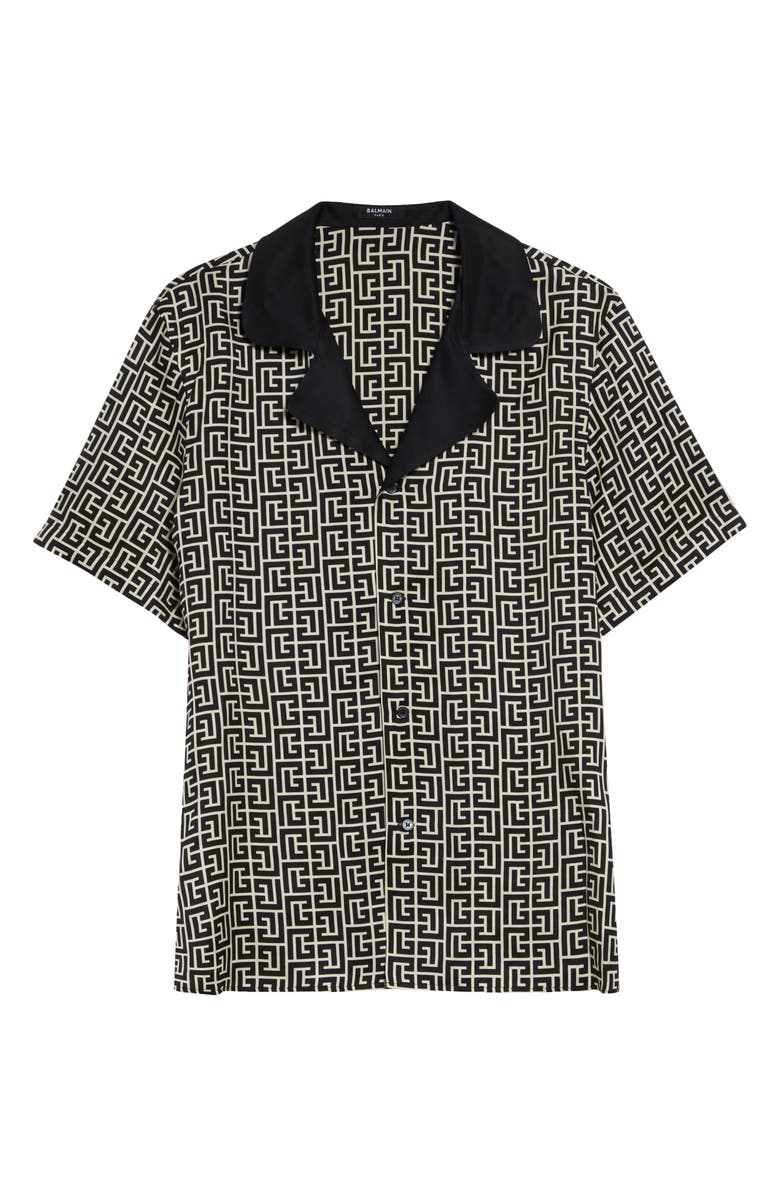 Balmain Monogram Jacquard Camp Shirt, Main, color, Ivory/ Black