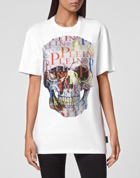 T-Shirt Round Neck Ss Multicolor Skull With Crystals Women
