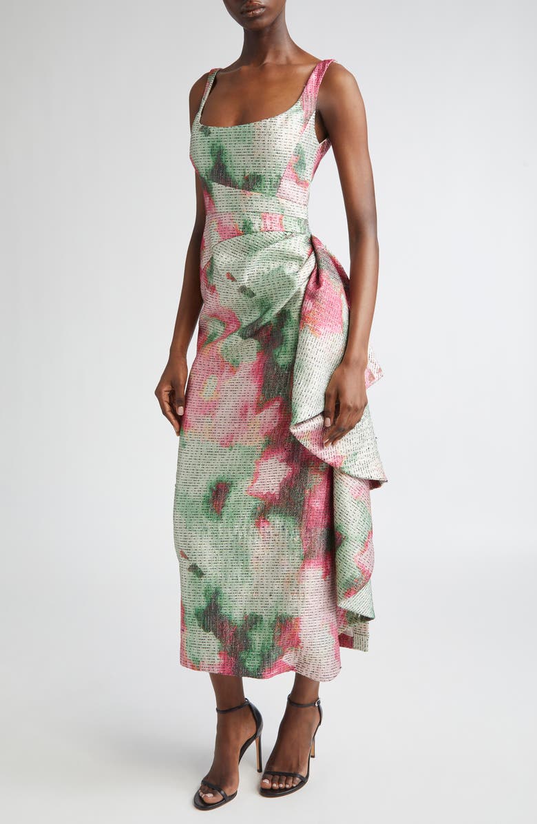 Lela Rose Florence Scoop Neck Textured Satin Sheath Dress, Alternate, color, Green Multi