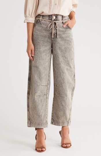Democracy Tie Waist Ankle Barrel Leg Jeans In Ttbr - Tinted Brown