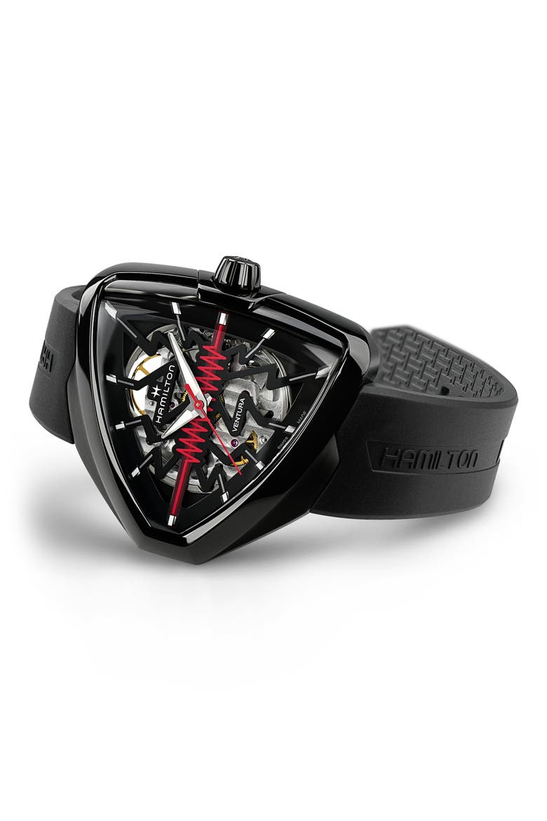 Ventura Elvis80 Skeleton Automatic Rubber Strap Watch, 44.6mm, Alternate, color, BLACK/BLACK