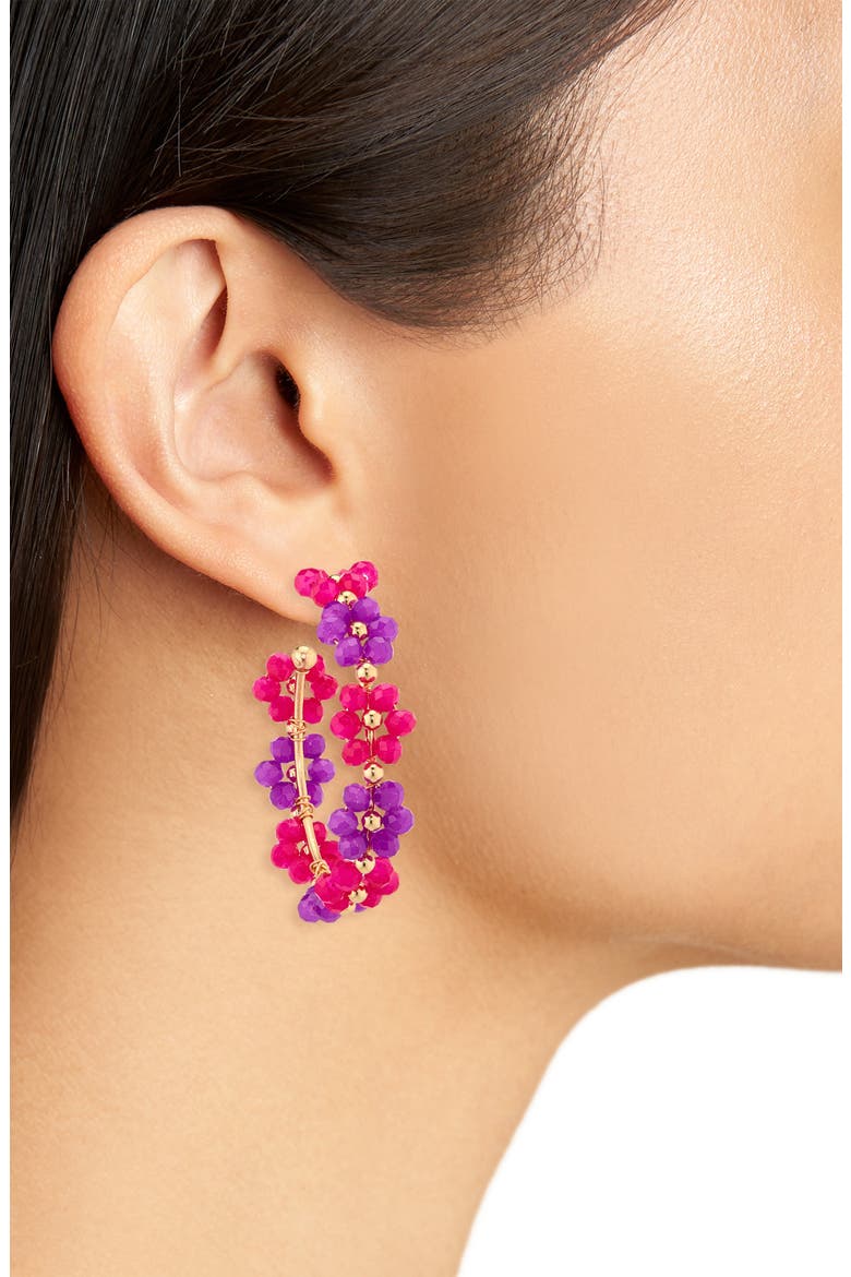 Beaded Flower Hoop Earrings, Alternate, color, FUCHSIA/ MULTI