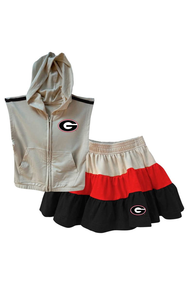 Girls Toddler Wes & Willy Tan Georgia Bulldogs Tri-Blend Sleeveless Full-Zip Hoodie & Tiered Skirt Set, Main, color, Tan