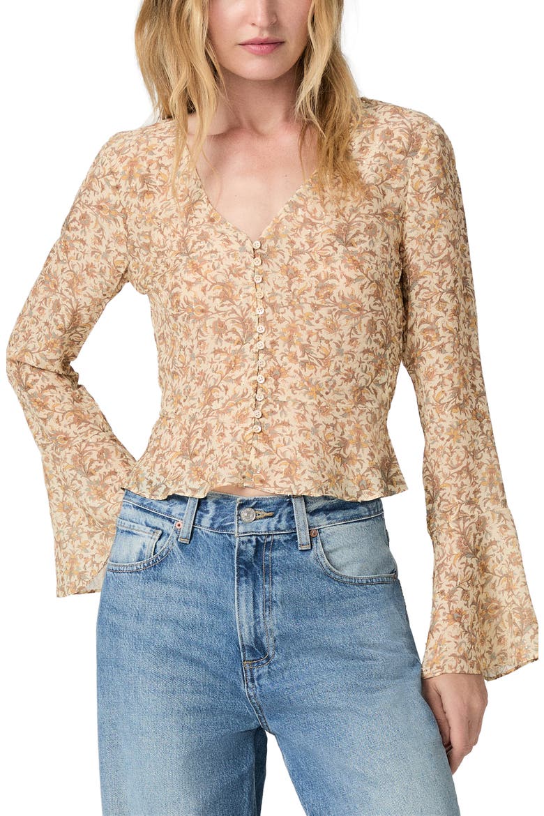 Mila Metallic Floral Long Sleeve Silk Blend Button-Up Shirt, Main, color, ECRU MULTI
