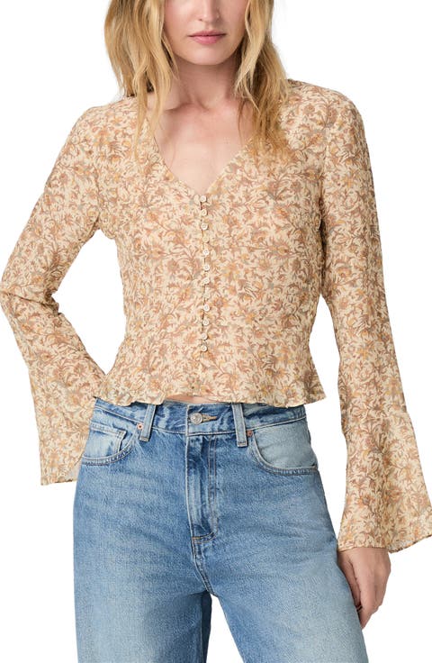 Mila Metallic Floral Long Sleeve Silk Blend Button-Up Shirt