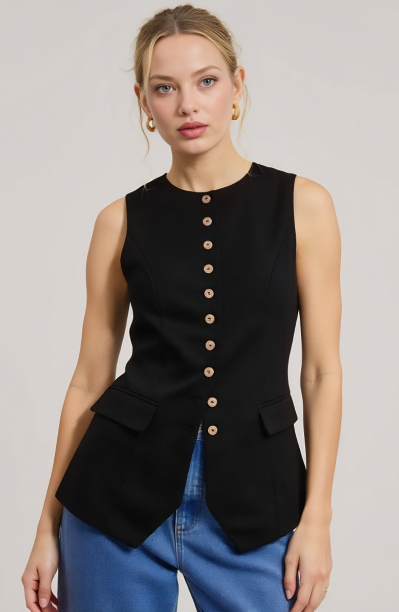 Modenaire Longline Sleeveless Button Flap Pocket Tailored Hem Vest, Alternate, color, Black