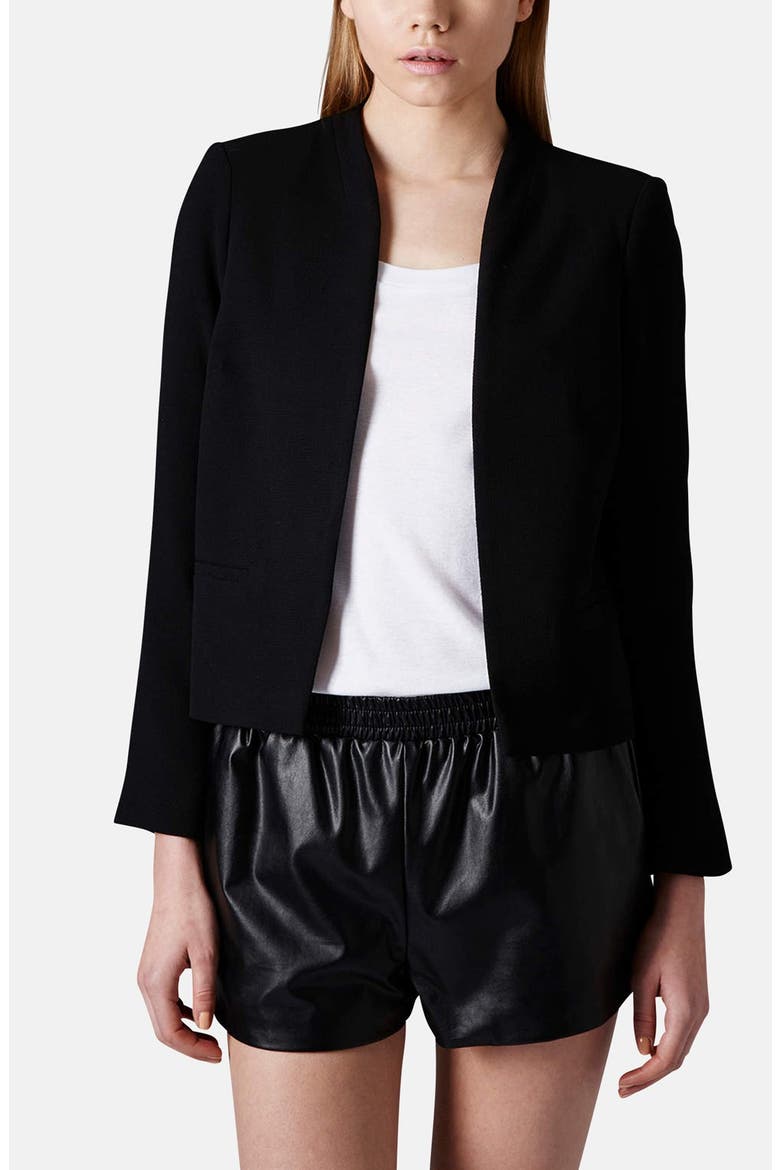 'Cara' Open Front Crepe Jacket, Main, color, BLACK