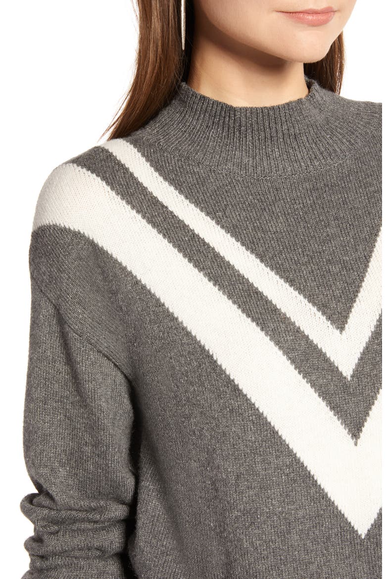 Contrast V-Stripe Funnel Neck Sweater, Alternate, color, GREY DK HEATHER- IVORY COMBO