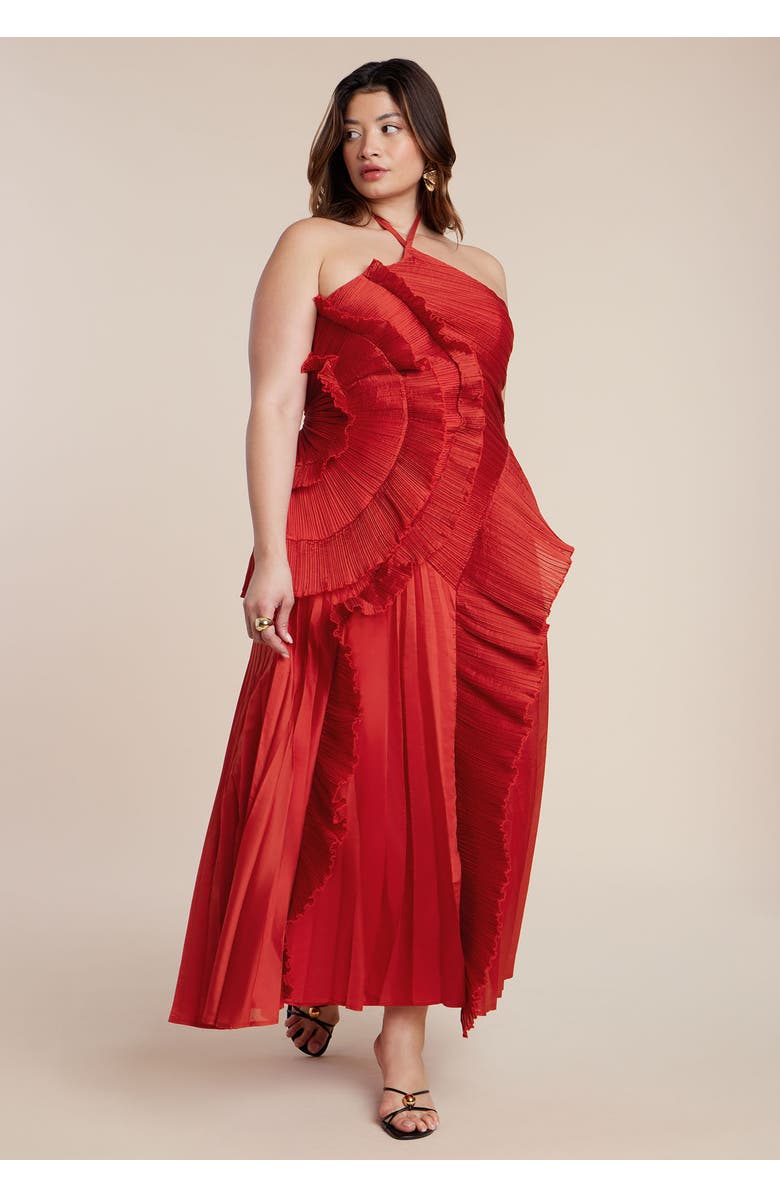 ELOQUII Pleated Ruffle Detail Gown, Alternate, color, Fire Whirls