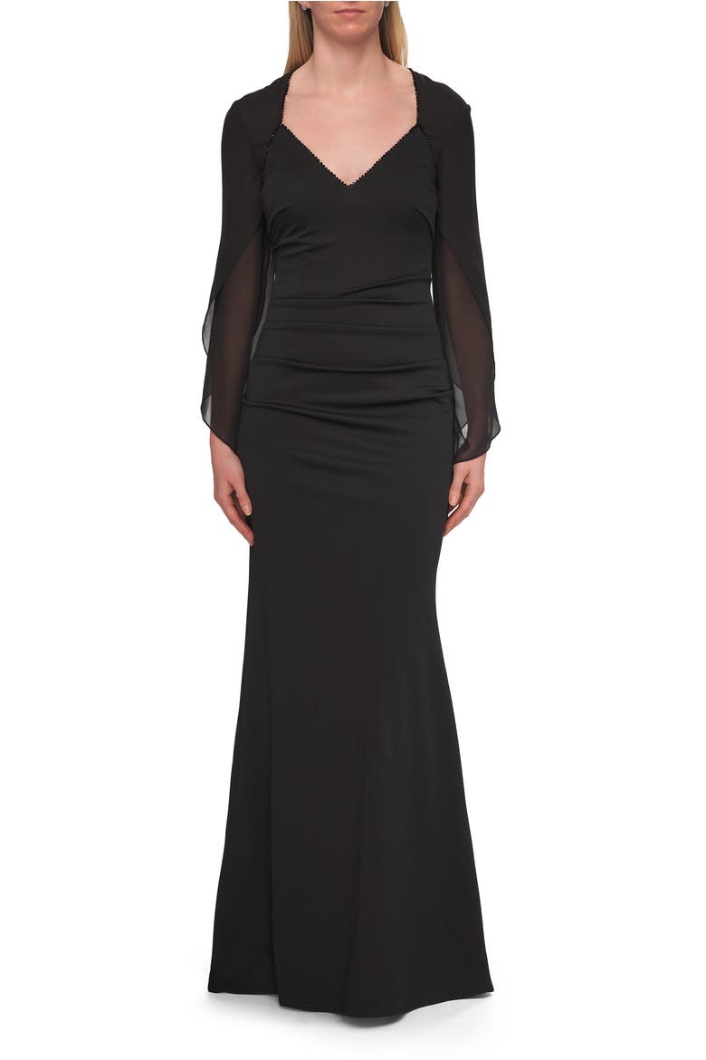V-Neck Gown with Sheer Flutter Sleeves, Alternate, color, Black