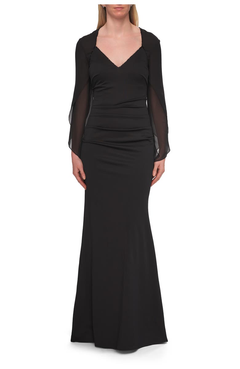 La Femme V-Neck Gown with Sheer Flutter Sleeves, Alternate, color, Black