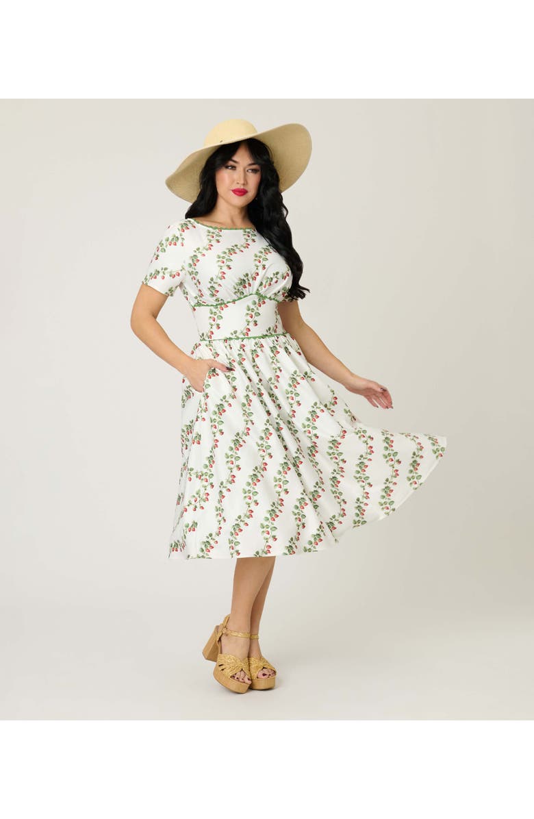 Unique Vintage Smocked Back Swing Dress, Alternate, color, White W/ Strawberry Print