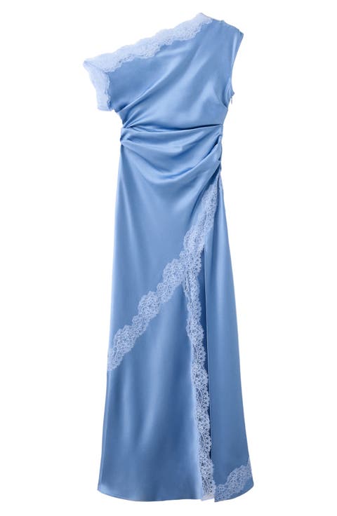 Ruched Lace Trim One-Shoulder Satin Maxi Dress