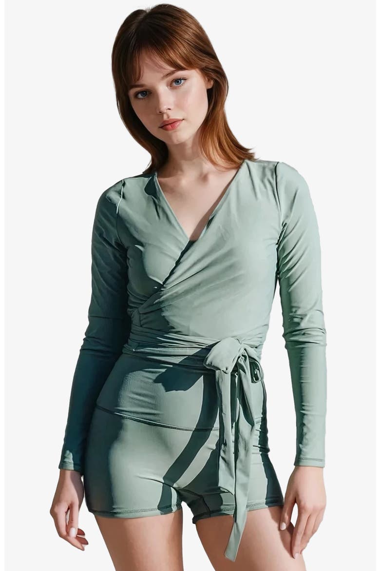 Avery 2-Piece Long Sleeve Wrap Swim Set With Reversible Top and Tummy Control Shorts, Main, color, Sage Green