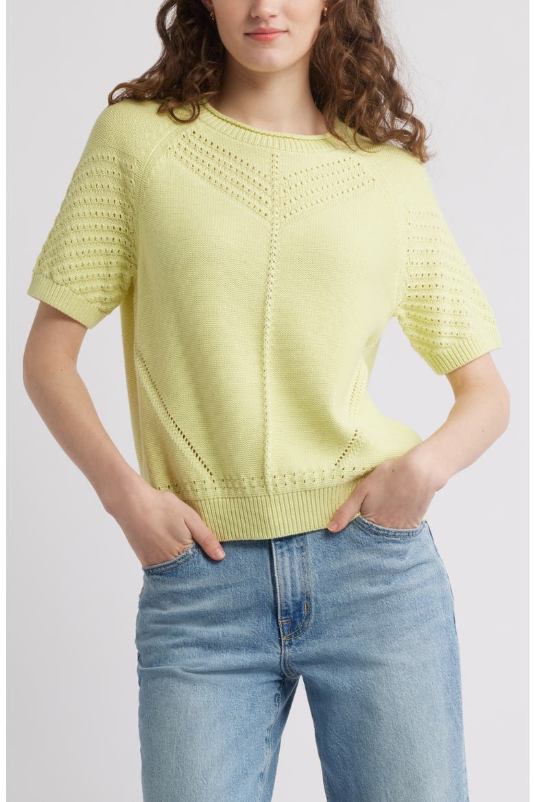 Pointelle Short Sleeve Cotton Sweater, Main, color, GREEN FINCH