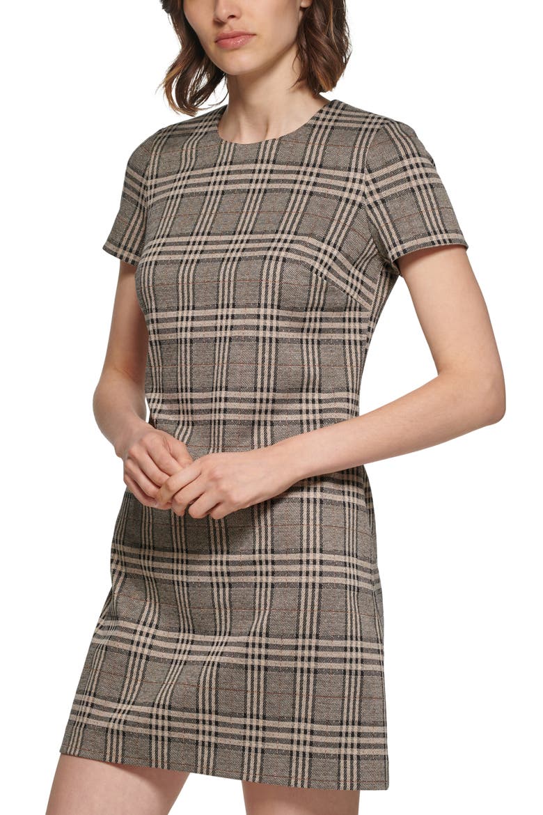 Plaid Short Sleeve Ponte Sheath Dress, Alternate, color, KHAKI MULTI