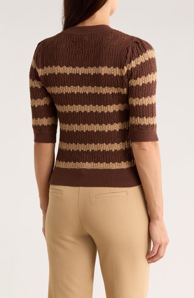 Ellen Tracy Stripe Short Sleeve Pointelle Cardigan, Alternate, color, Brown