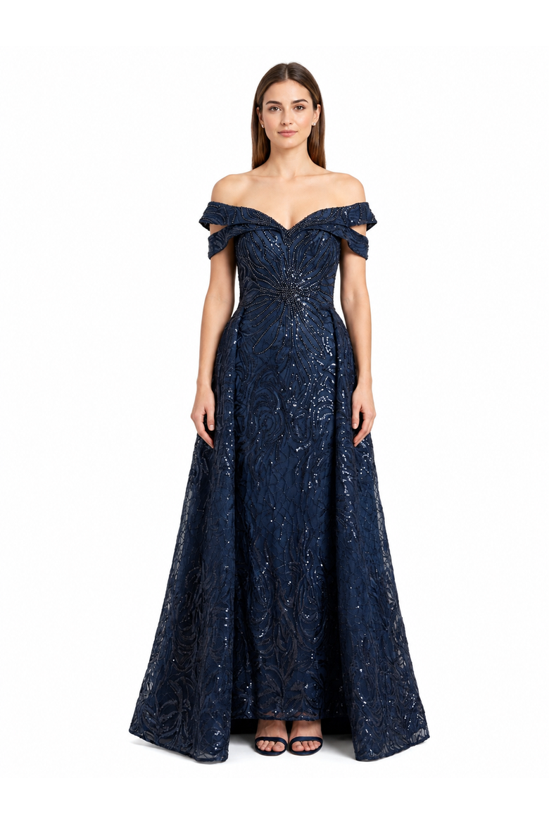 Off Shoulder Mermaid Lace Gown with Overskirt, Main, color, Navy