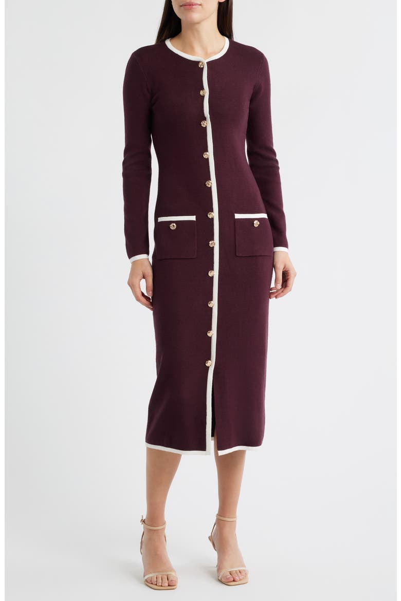 Long Sleeve Knit Midi Dress, Main, color, PLUM/ IVORY