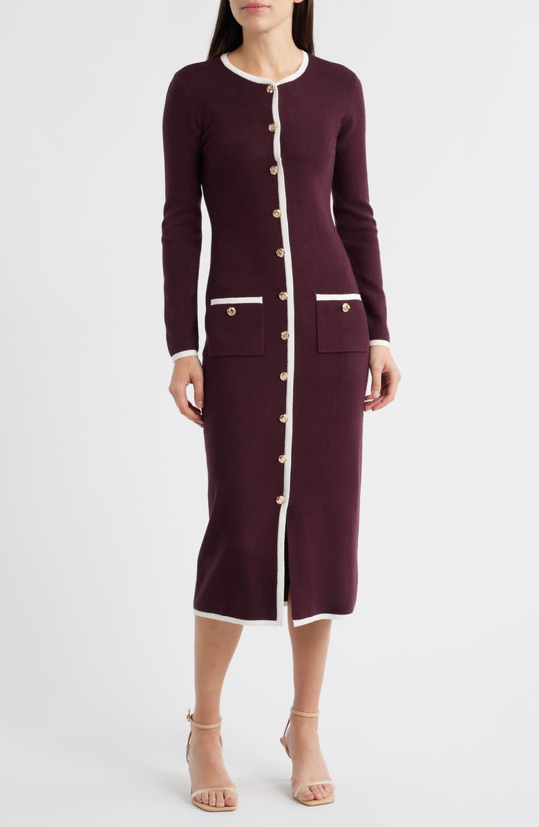 ZOE AND CLAIRE Long Sleeve Knit Midi Dress, Main, color, Plum/ Ivory