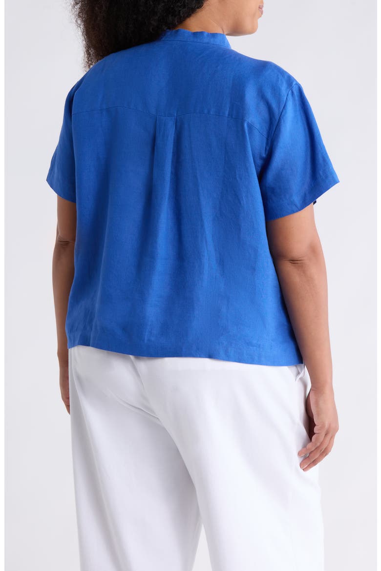 Mandarin Collar Short Sleeve Organic Linen Button-Up Shirt, Alternate, color, SAPPHIRE