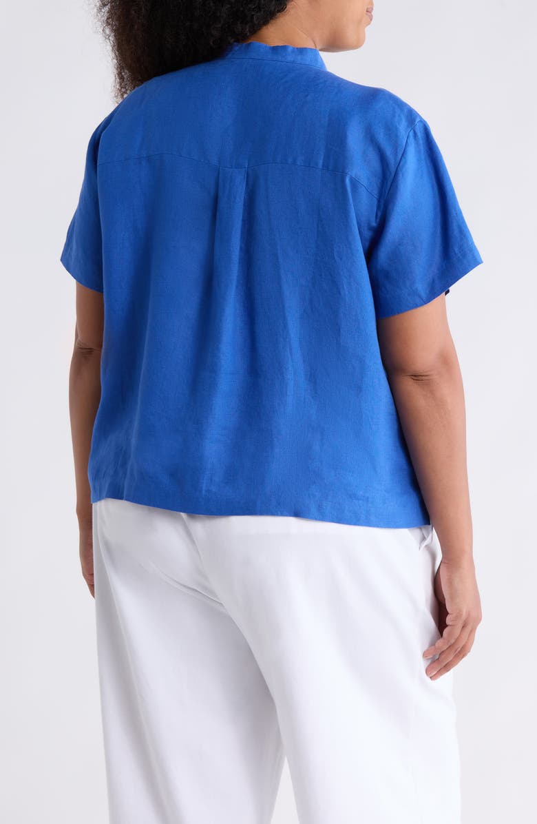 Eileen Fisher Mandarin Collar Short Sleeve Organic Linen Button-Up Shirt, Alternate, color, Sapphire