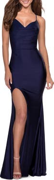 La Femme Form Fitting Jersey Prom Dress with Draped Neckline