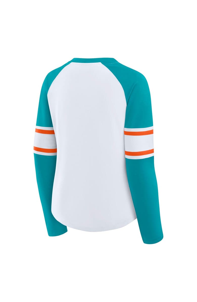 FANATICS Women's Fanatics White/Aqua Miami Dolphins Redzone Blitz Package Raglan Lace-Up V-Neck Long Sleeve T-Shirt, Alternate, color, White