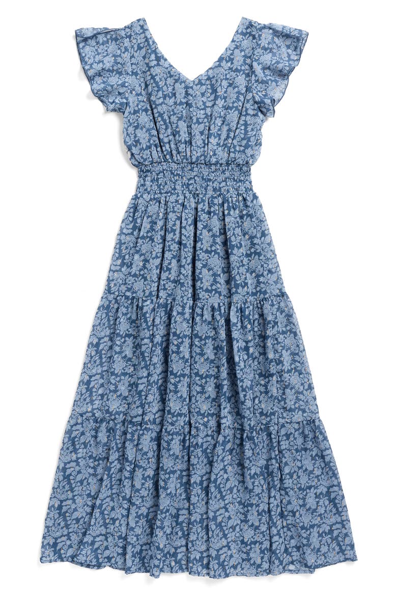 Tiered Floral Midi Dress, Main, color, NAVY/ BLUE
